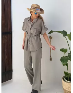 Chemise type saharienne, 92% viscose, nouable à la taille, coloris kaki -  Référence LA1957EP