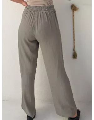 Pantalon fluide taille haute CASSIE light kaki de Molly Bracken, tissu aspect lin -  Référence LA1955EP