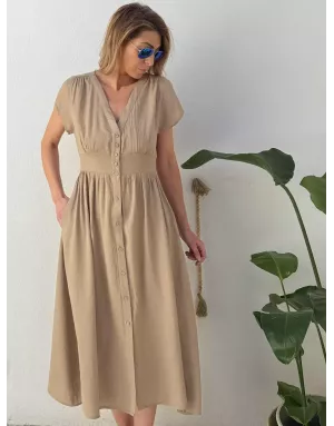 Robe longueur midi Molly Bracken, tissu aspect lin, coloris beige -  Référence G980EP