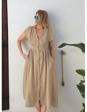 Robe longueur midi Molly Bracken, tissu aspect lin, coloris beige -  Référence G980EP