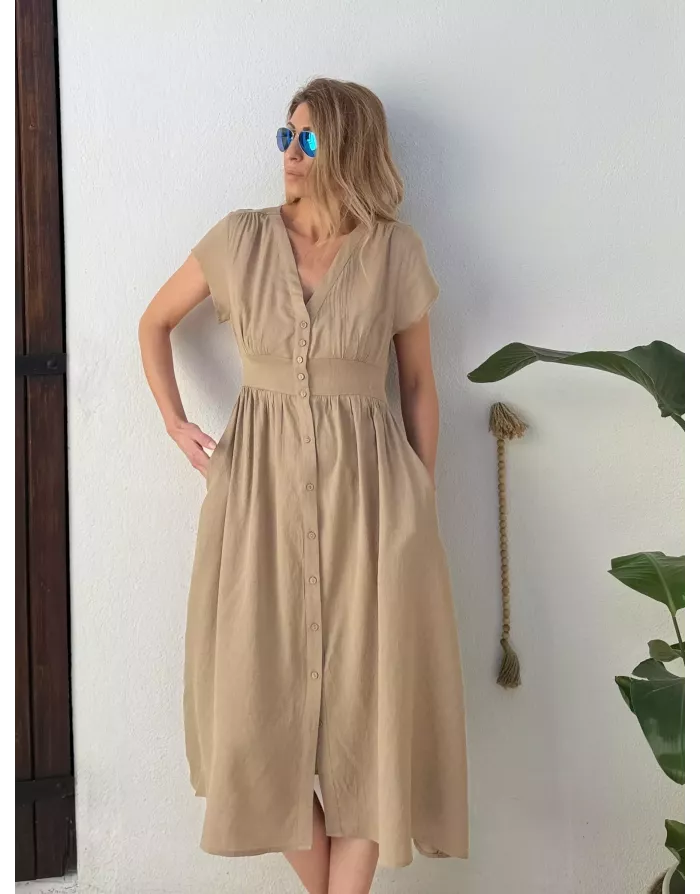Robe longueur midi Molly Bracken, tissu aspect lin, coloris beige -  Référence G980EP