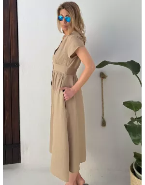 Robe longueur midi Molly Bracken, tissu aspect lin, coloris beige -  Référence G980EP