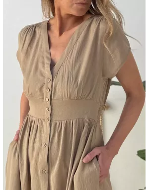 Robe longueur midi Molly Bracken, tissu aspect lin, coloris beige -  Référence G980EP