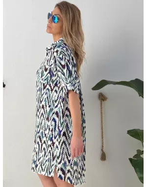 Robe chemise courte imprimée graphique Molly Bracken, manches courtes retroussées -  Référence T2189EP