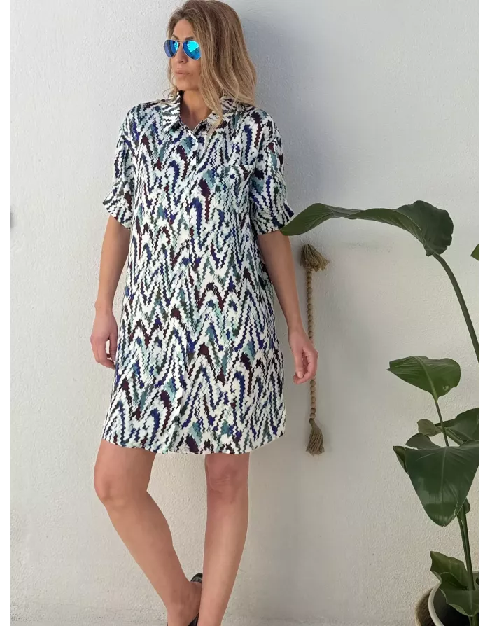 Robe chemise courte imprimée graphique Molly Bracken, manches courtes retroussées -  Référence T2189EP