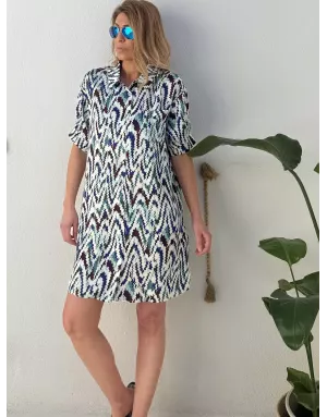 Robe chemise courte imprimée graphique Molly Bracken, manches courtes retroussées -  Référence T2189EP