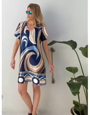 Robe imprimée graphique Molly Bracken, coloris à dominante bleu marine -  Référence G958EP