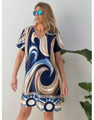 Robe imprimée graphique Molly Bracken, coloris à dominante bleu marine -  Référence G958EP