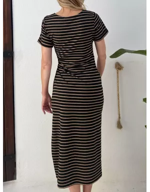 Robe longue rayée Molly Bracken, noire et beige, nouable à la taille -  Référence T2219EP