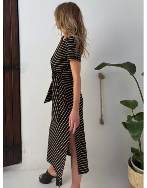 Robe longue rayée Molly Bracken, noire et beige, nouable à la taille -  Référence T2219EP