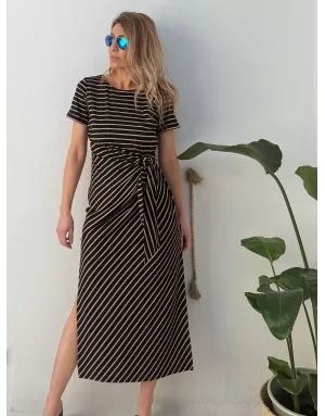 Robe longue rayée Molly Bracken, noire et beige, nouable à la taille -  Référence T2219EP