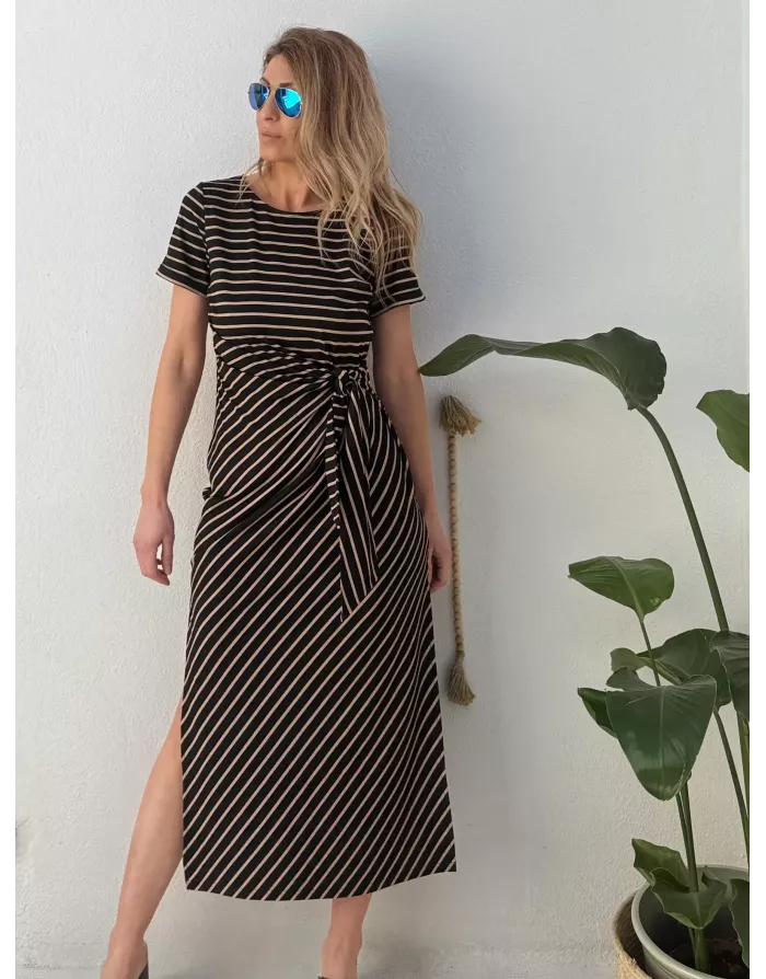 Robe longue rayée Molly Bracken, noire et beige, nouable à la taille -  Référence T2219EP