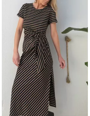 Robe longue rayée Molly Bracken, noire et beige, nouable à la taille -  Référence T2219EP