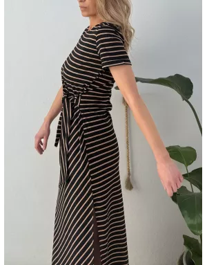 Robe longue rayée Molly Bracken, noire et beige, nouable à la taille -  Référence T2219EP