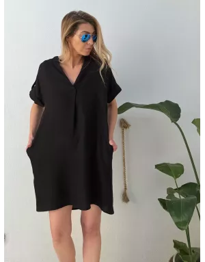 Robe chemise courte Molly Bracken, tissu noir aspect lin -  Référence P1871EP