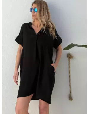 Robe chemise courte Molly Bracken, tissu noir aspect lin -  Référence P1871EP