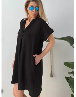 Robe chemise courte Molly Bracken, tissu noir aspect lin -  Référence P1871EP