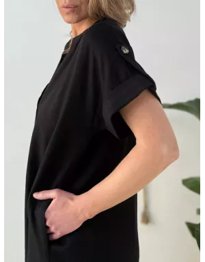 Robe chemise courte Molly Bracken, tissu noir aspect lin -  Référence P1871EP