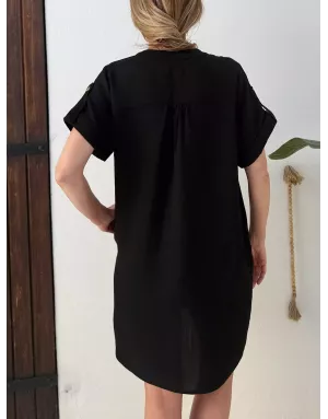 Robe chemise courte Molly Bracken, tissu noir aspect lin -  Référence P1871EP