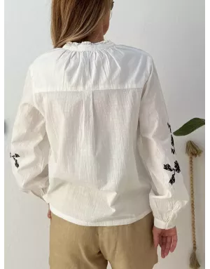 Chemise brodée, 100% coton, manches longues, coloris blanc -  Référence ZP135EE