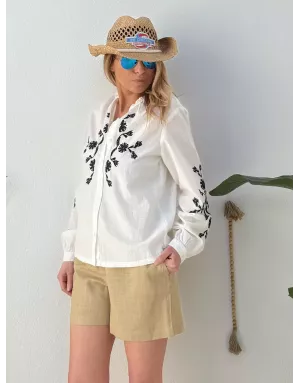 Chemise brodée, 100% coton, manches longues, coloris blanc -  Référence ZP135EE