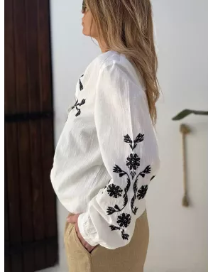 Chemise brodée, 100% coton, manches longues, coloris blanc -  Référence ZP135EE