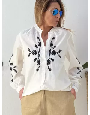 Chemise brodée, 100% coton, manches longues, coloris blanc -  Référence ZP135EE