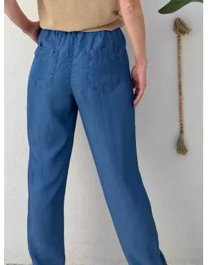Pantalon coupe carotte jogpant Molly Bracken, 100% lyocell, taille haute élastiquée, coloris jean mid blue -  Référence ZP126EE