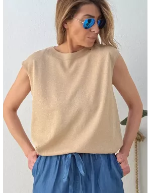 Pull sans manches, maille lurex et dorée Molly Bracken, coloris beige - Référence : E1788EP