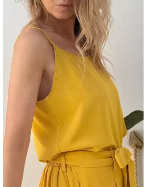 Top caraco fines bretelles Molly Bracken, coloris mangue, détail dentelle festonnée - Référence : G969EE