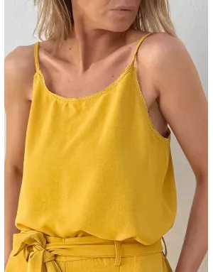 Top caraco fines bretelles Molly Bracken, coloris mangue, détail dentelle festonnée - Référence : G969EE