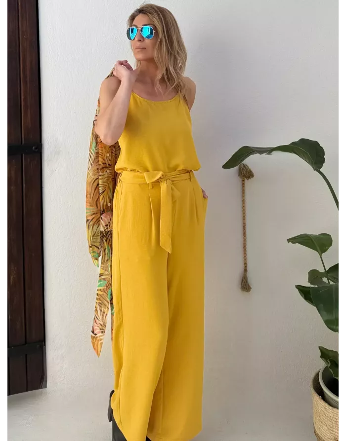 Top caraco fines bretelles Molly Bracken, coloris mangue, détail dentelle festonnée - Référence : G969EE