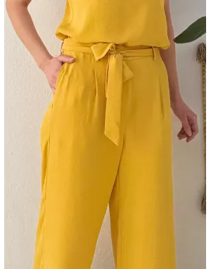 Pantalon large taille haute semi-élastique Molly Bracken, tissu texturé, coloris mangue -  Référence G900EE