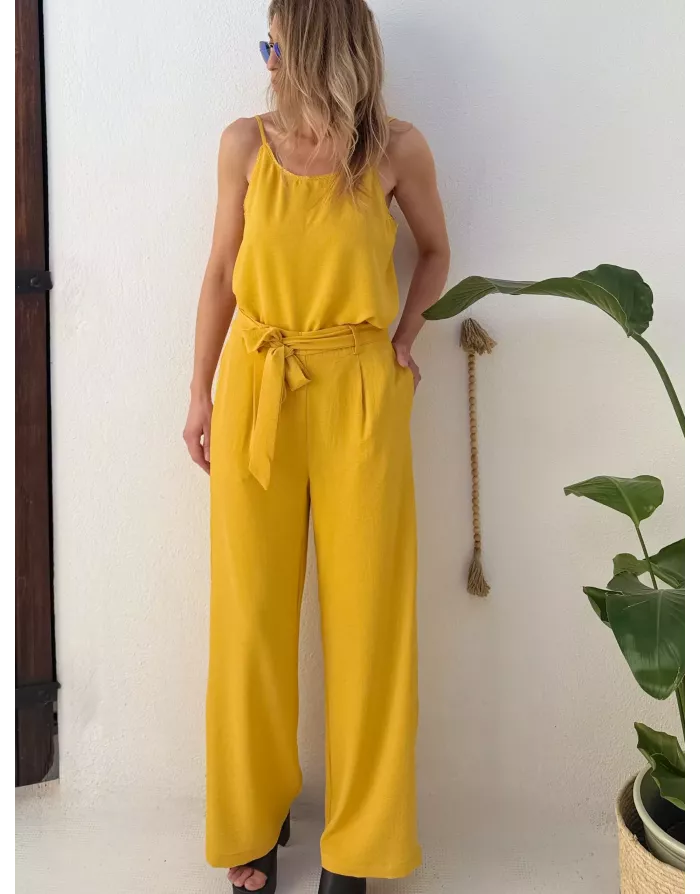 Pantalon large taille haute semi-élastique Molly Bracken, tissu texturé, coloris mangue -  Référence G900EE