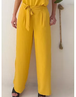 Pantalon large taille haute semi-élastique Molly Bracken, tissu texturé, coloris mangue -  Référence G900EE