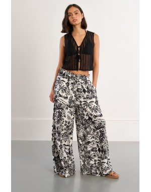 Pantalon extra large taille haute élastiquée Lili Sidonio by Molly Bracken, tissu texturé, noir et blanc -  Référence TL411EE