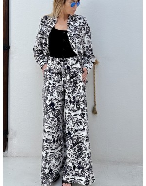 Pantalon extra large taille haute élastiquée Lili Sidonio by Molly Bracken, tissu texturé, noir et blanc -  Référence TL411EE