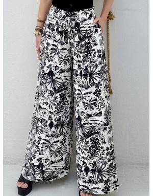 Pantalon extra large taille haute élastiquée Lili Sidonio by Molly Bracken, tissu texturé, noir et blanc -  Référence TL411EE