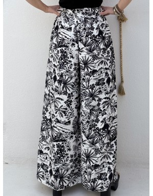 Pantalon extra large taille haute élastiquée Lili Sidonio by Molly Bracken, tissu texturé, noir et blanc -  Référence TL411EE