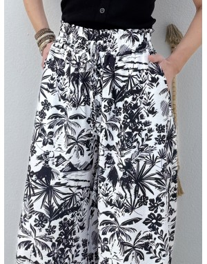 Pantalon extra large taille haute élastiquée Lili Sidonio by Molly Bracken, tissu texturé, noir et blanc -  Référence TL411EE