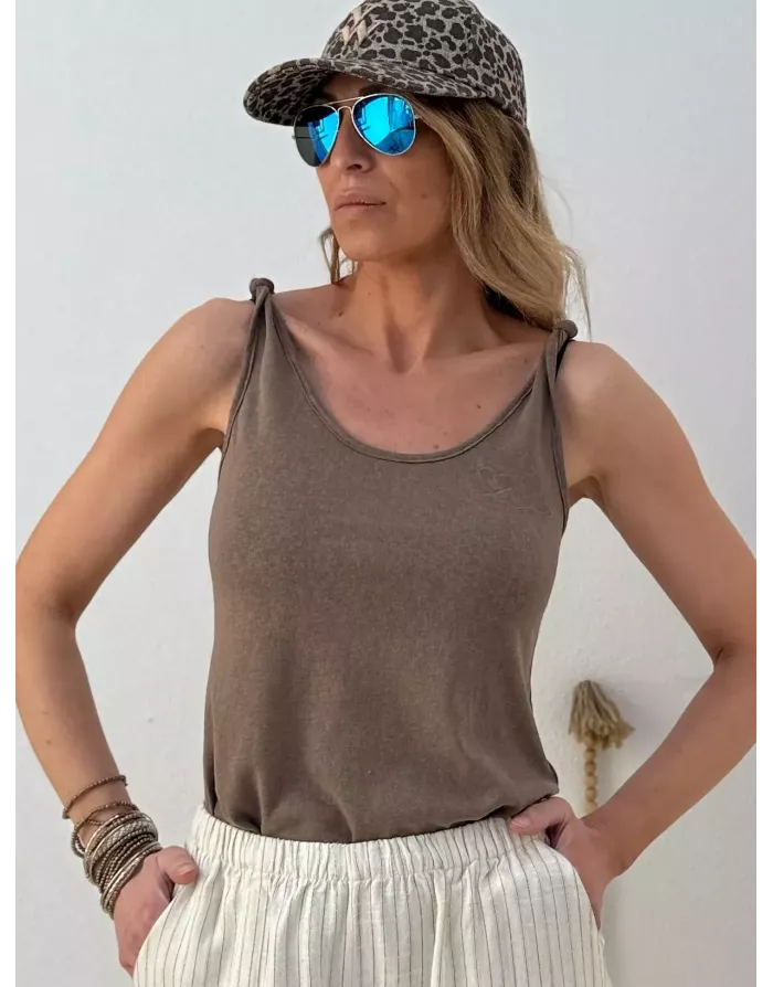 Débardeur fantaisie noeuds aux épaules, 64% coton, coloris chocolat - Référence : LA1286EE