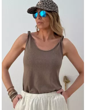 Débardeur fantaisie noeuds aux épaules, 64% coton, coloris chocolat - Référence : LA1286EE