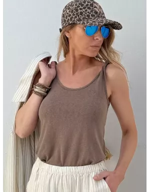 Débardeur fantaisie noeuds aux épaules, 64% coton, coloris chocolat - Référence : LA1286EE