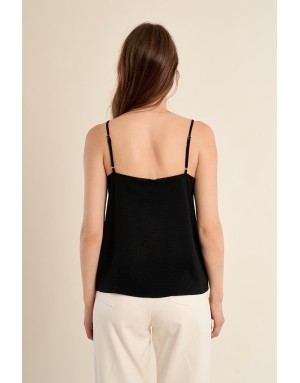 Top caraco fines bretelles Molly Bracken, coloris noir, détail dentelle festonnée - Référence : G969EE