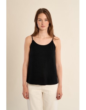 Top caraco fines bretelles Molly Bracken, coloris noir, détail dentelle festonnée - Référence : G969EE