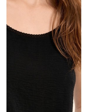 Top caraco fines bretelles Molly Bracken, coloris noir, détail dentelle festonnée - Référence : G969EE