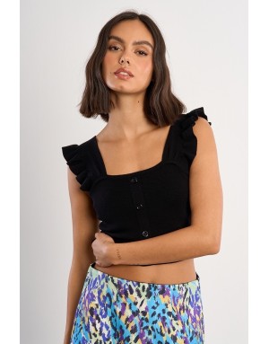 Top noir en maille, pièce féminine et élégante, coupe ajustée et manches volants, réf TL510EE