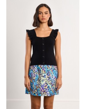 Top noir en maille, pièce féminine et élégante, coupe ajustée et manches volants, réf TL510EE