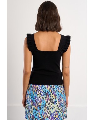 Top noir en maille, pièce féminine et élégante, coupe ajustée et manches volants, réf TL510EE