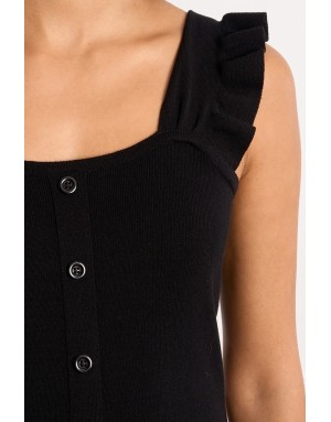 Top noir en maille, pièce féminine et élégante, coupe ajustée et manches volants, réf TL510EE